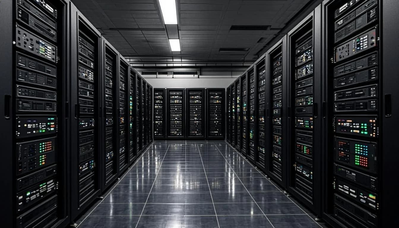 AI data centre hall with GPU racks and blue status lights