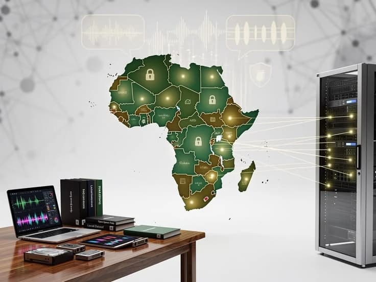 Stylised illustration of the African continent linked to a data centre server rack