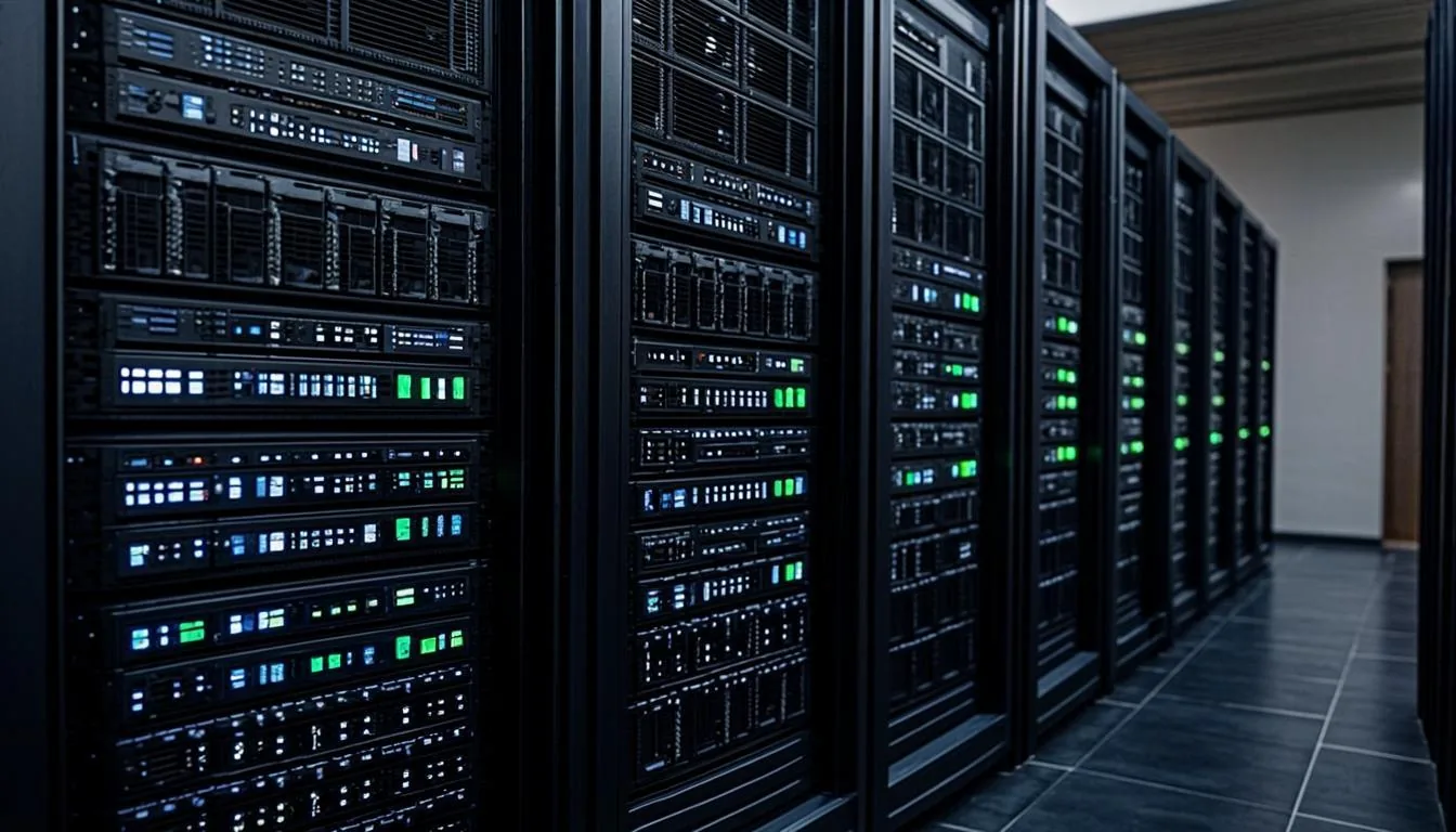 High-density GPU compute racks with green status LEDs