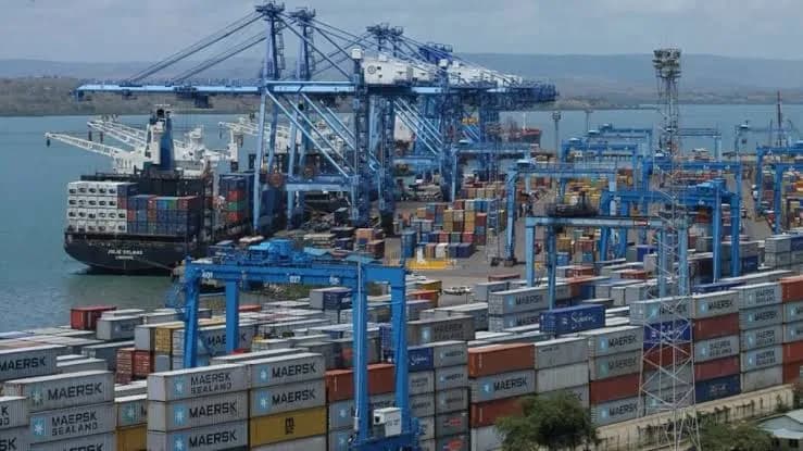 Container yard and blue gantry cranes at the Port of Mombasa