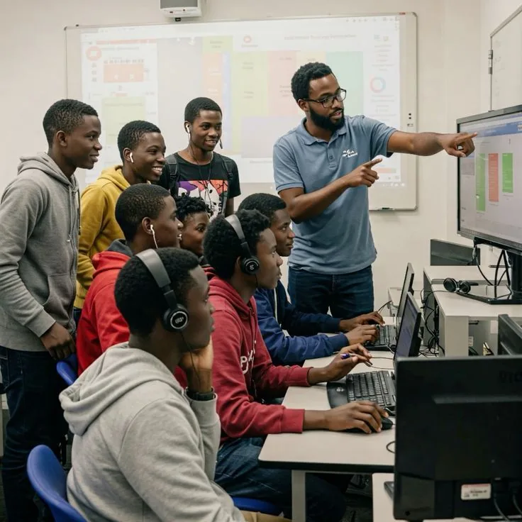 Students learning ICT skills in a Kenyan classroom