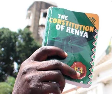 A hand holds up the pocket edition of the Constitution of Kenya