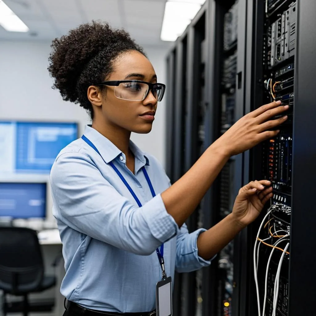 A technician studying technical material in a training room