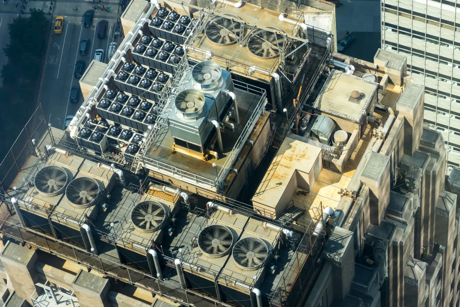 Rooftop chiller units at a data centre