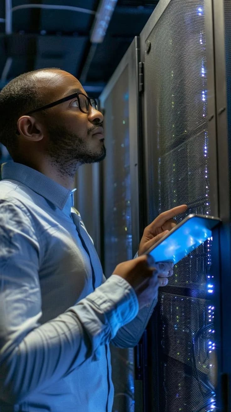 Engineer inspecting the back of a rack during a site visit