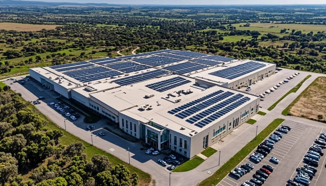 Aerial view of a data centre campus with rooftop solar