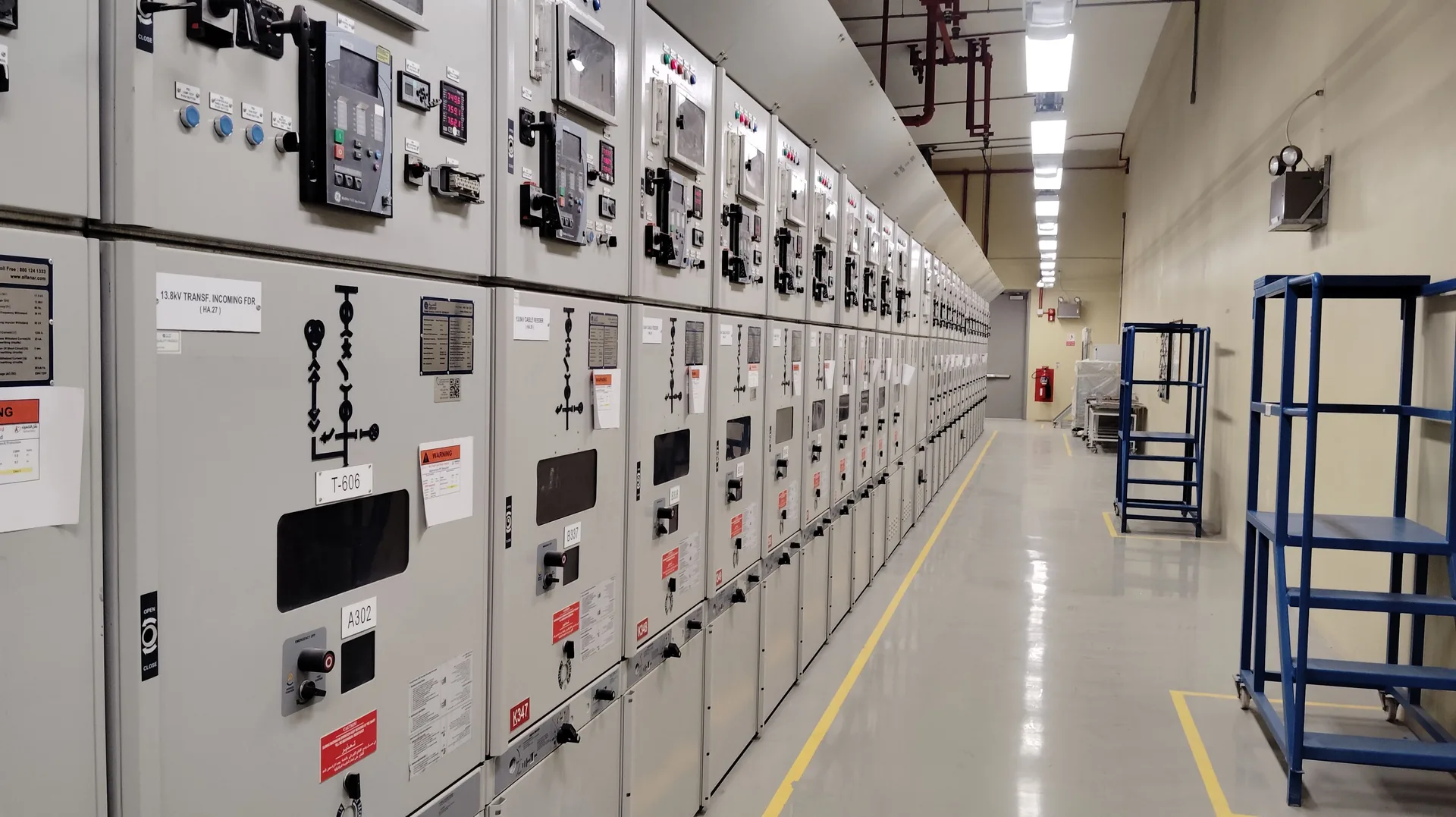 Electrical switchgear cabinets inside a data centre power room