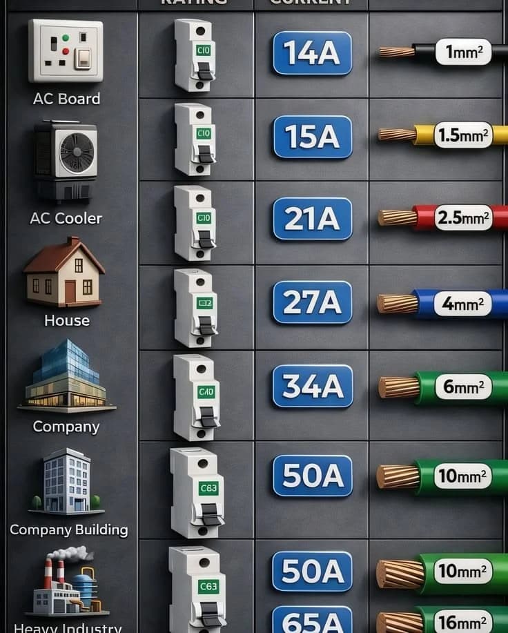 Chart matching breaker ratings to copper cable sizes