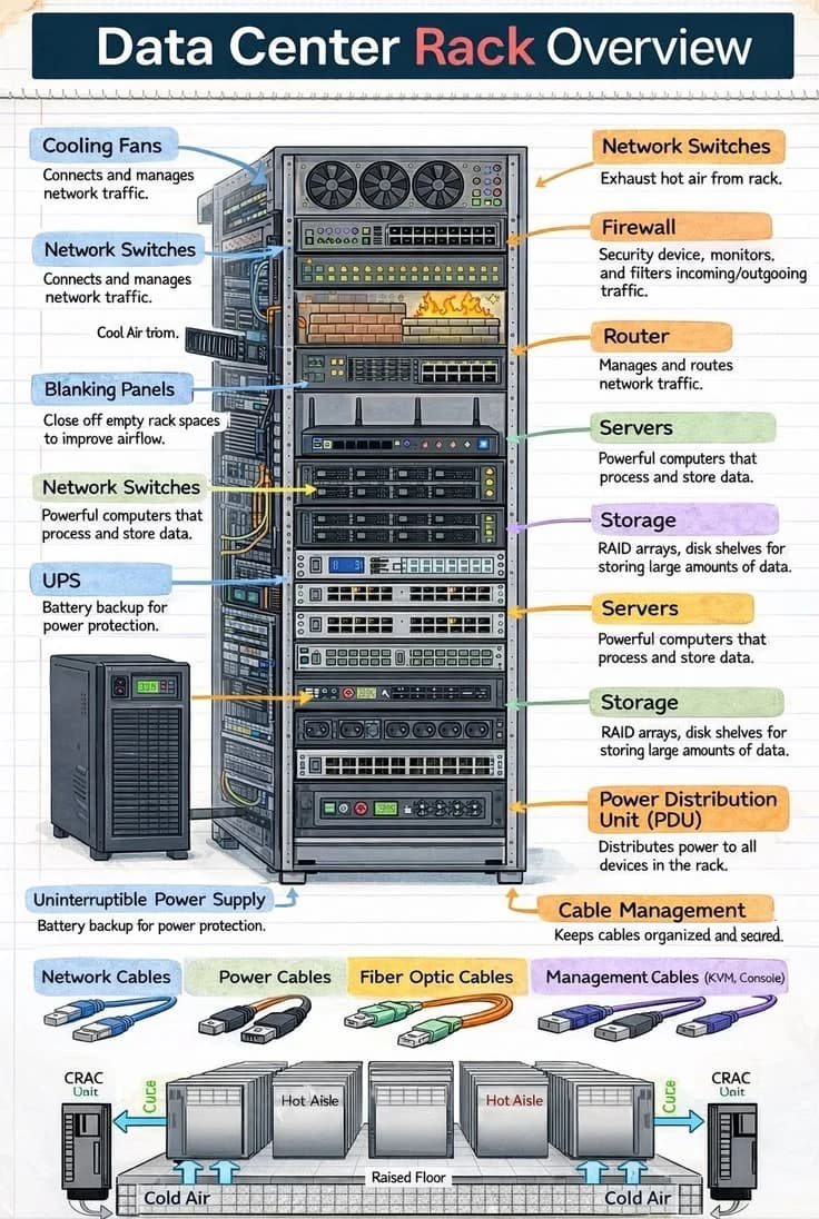 Illustrated overview of data centre rack components and airflow
