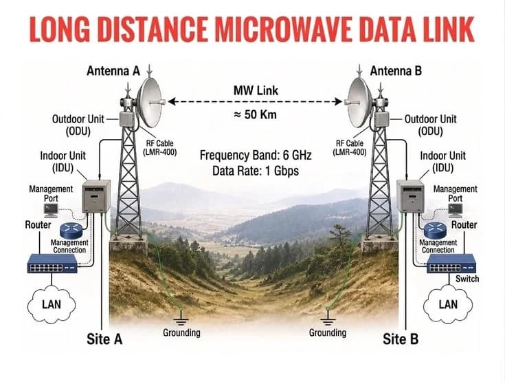 Diagram of a long-distance microwave link between two sites