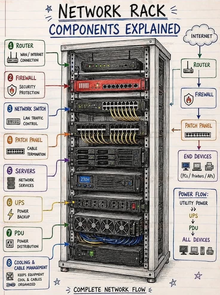 Labelled diagram of network rack components from router to PDU
