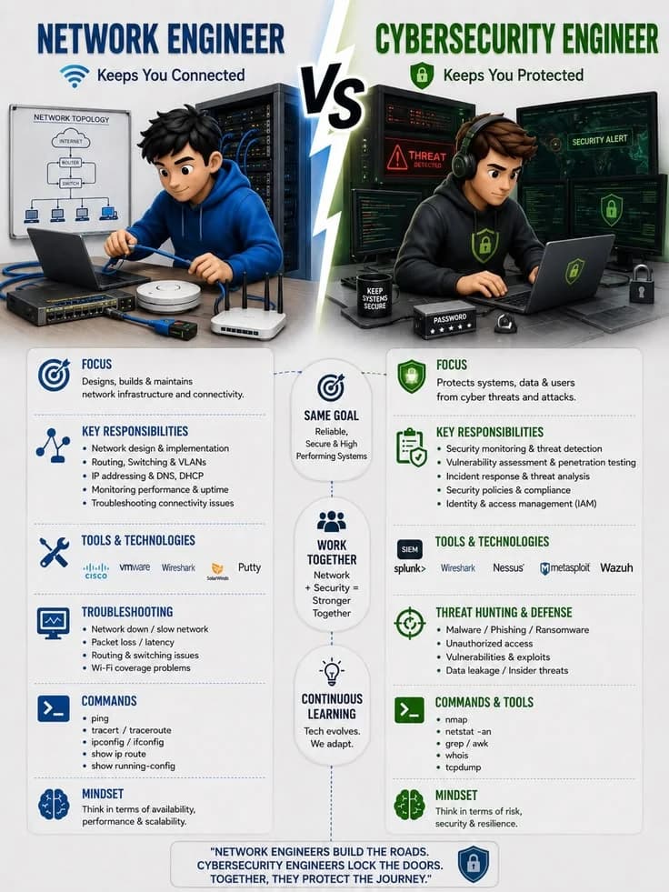 Comparison of network engineer and cybersecurity engineer roles