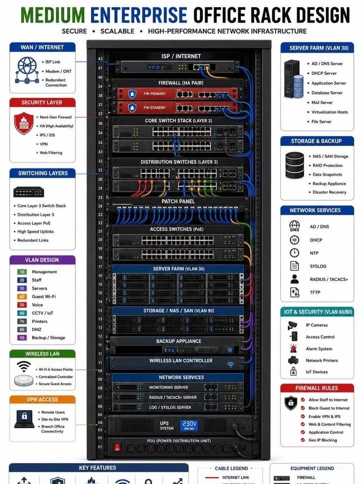 Diagram of a medium enterprise office rack design with security and switching layers