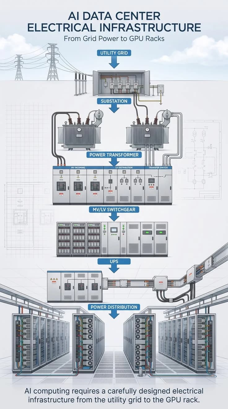 Diagram of the power chain from grid to GPU rack