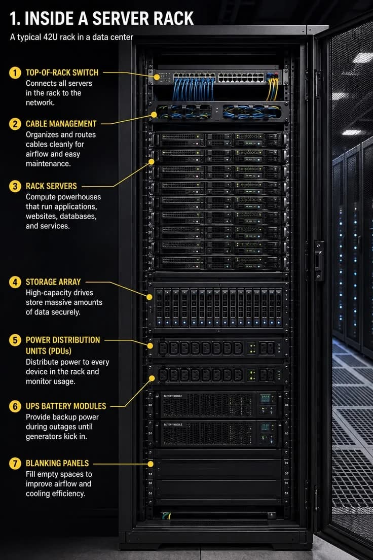 Labelled diagram of a 42U server rack with components