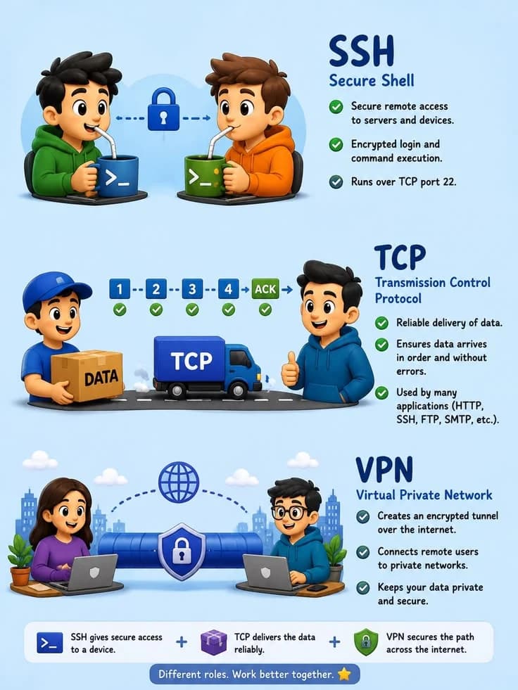 Diagram comparing encrypted remote access paths including VPN and SSH