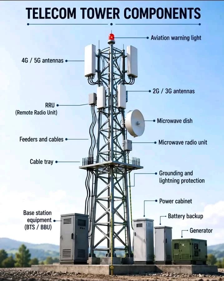 Labelled telecom tower components from antennas to BTS cabinet