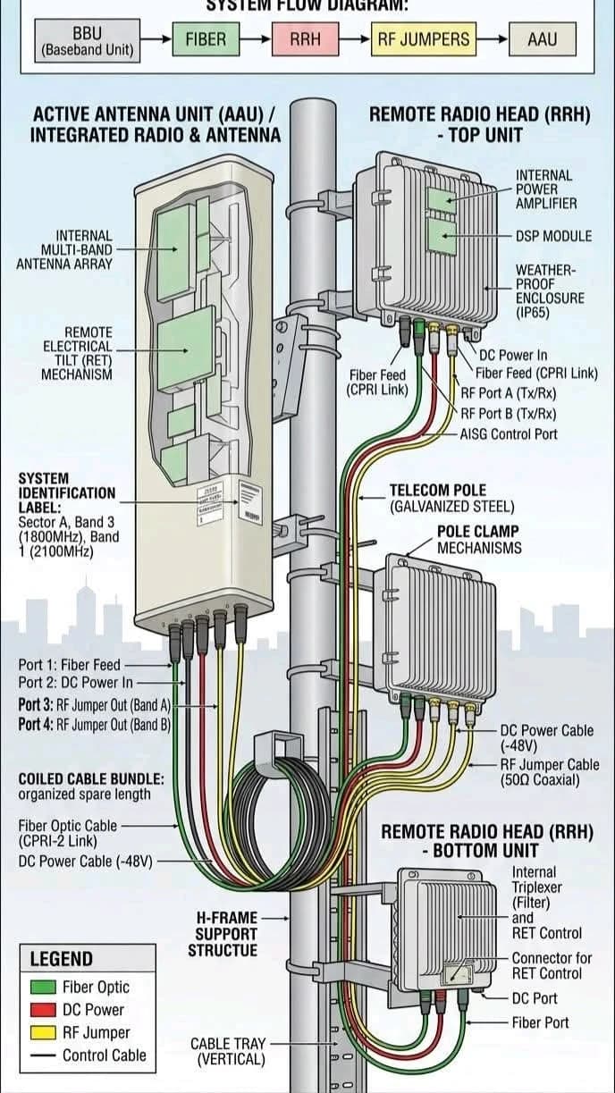 Diagram of AAU and RRU equipment on a telecom pole