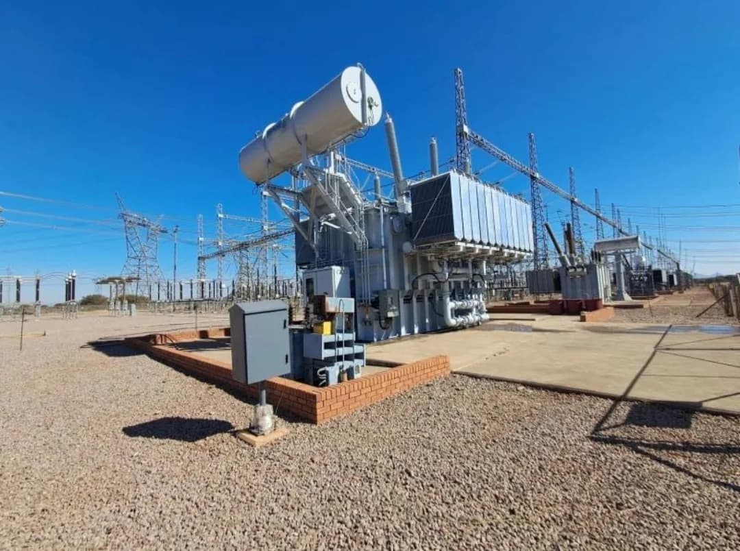 High-voltage power transformer bay at a substation