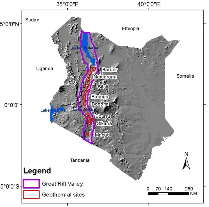 Map of Kenya's Rift Valley geothermal sites