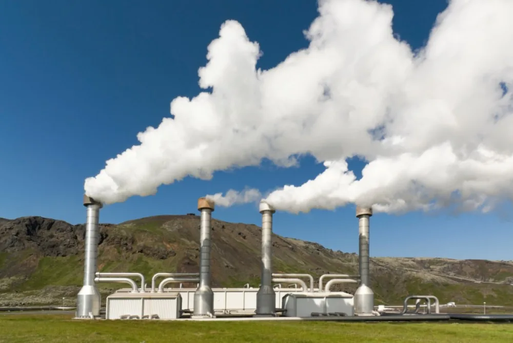 Geothermal power station with steam plumes in Kenya's Rift Valley