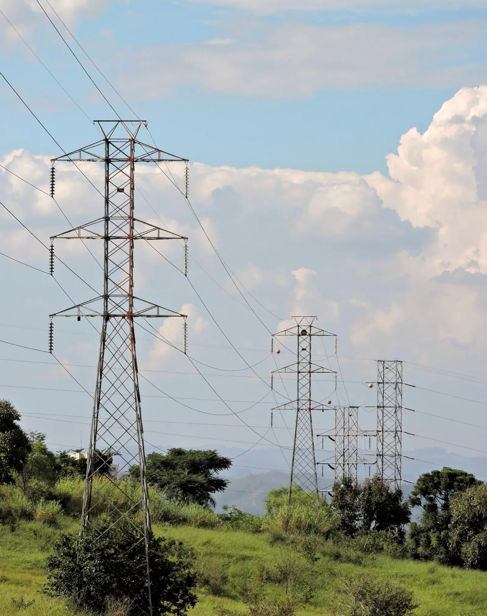 High-voltage transmission pylons carrying electricity across Kenya