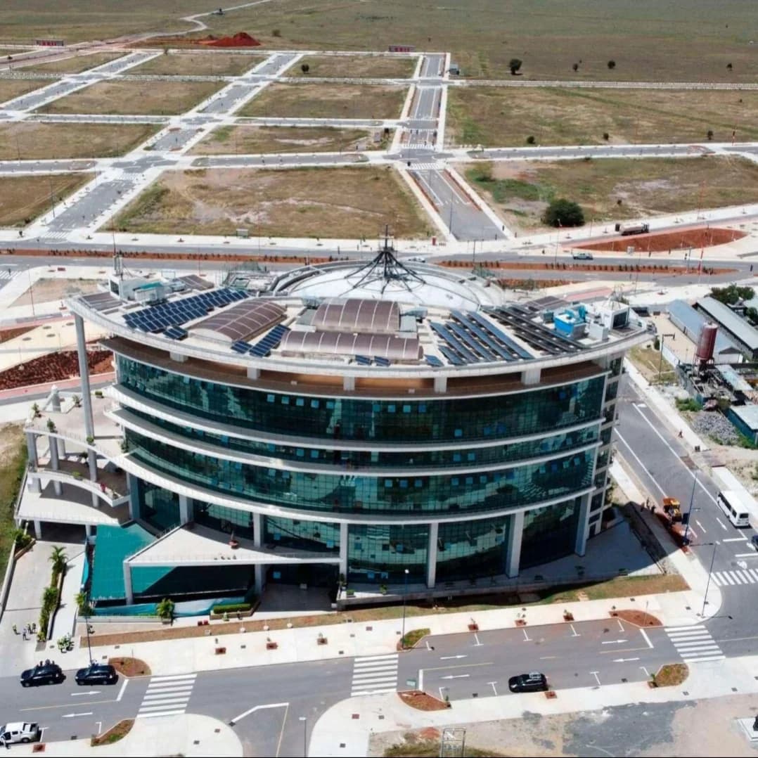 Aerial view of the Konza Technopolis Complex with solar panels on the roof