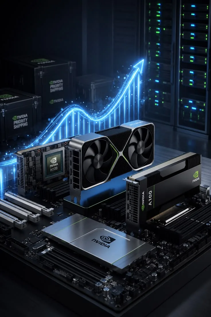 NVIDIA GPU accelerator cards mounted on a server motherboard, server racks behind