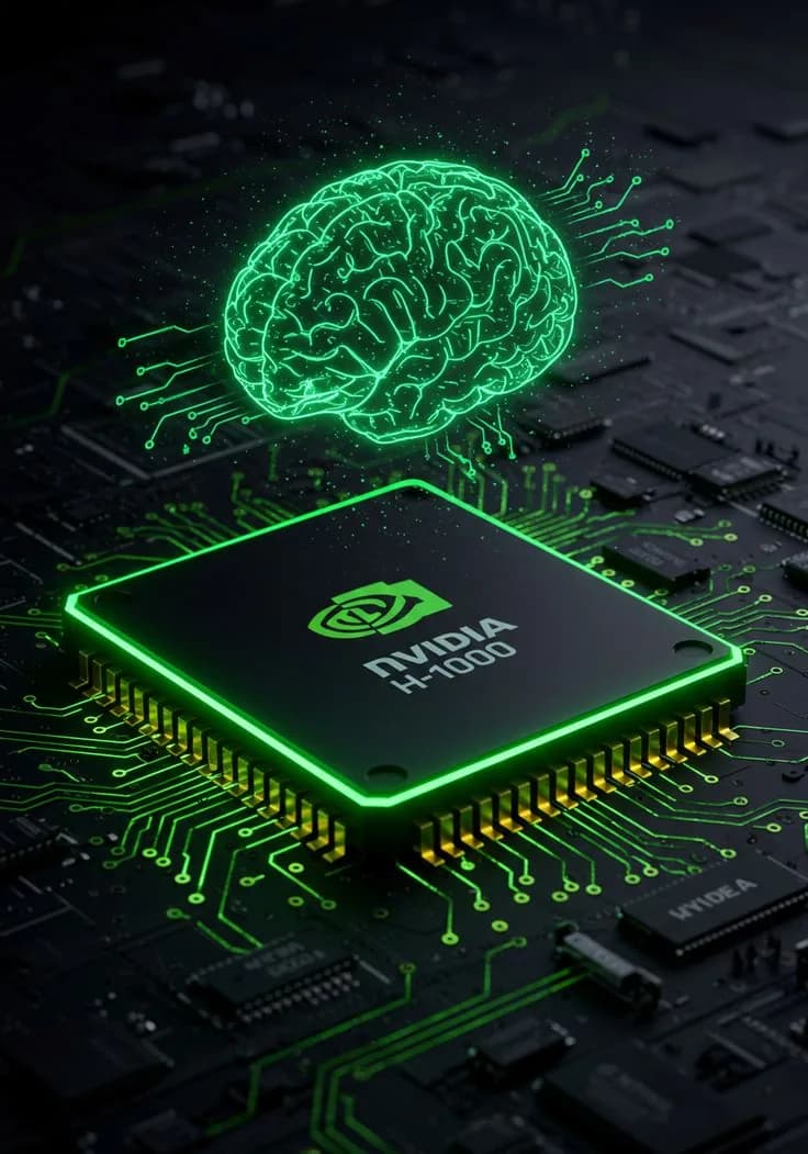 Illustrative render of an NVIDIA H100 accelerator chip on a circuit board