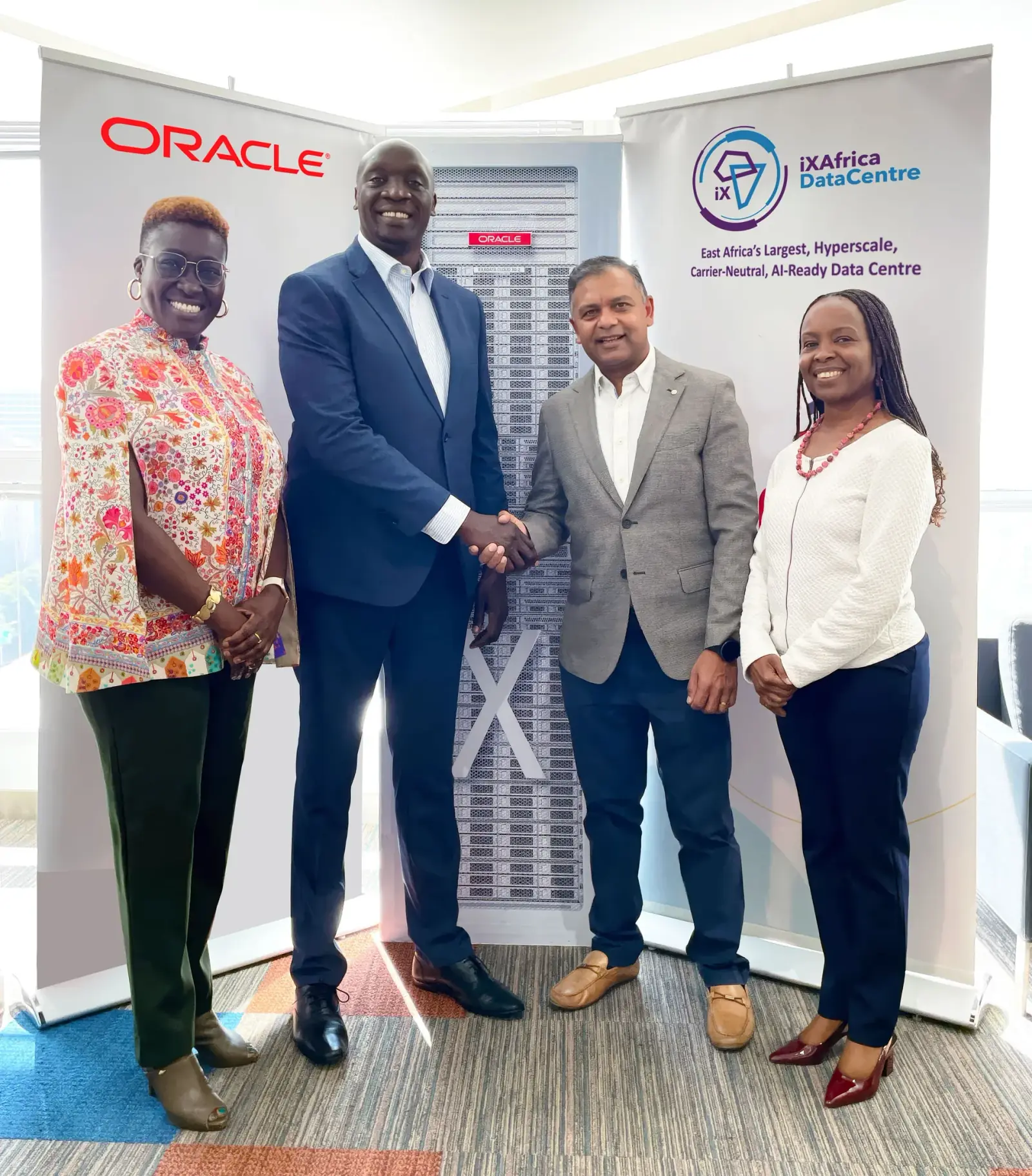 Oracle's Kenya country leader and iXAfrica CEO Snehar Shah meet at the iXAfrica data centre in Nairobi