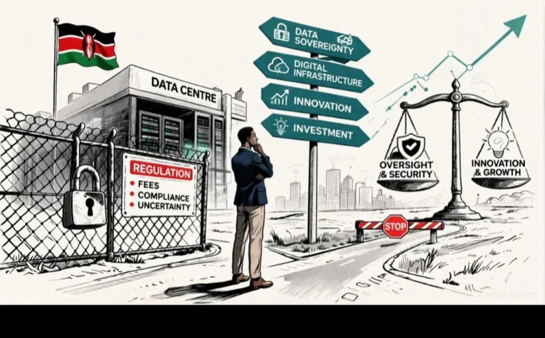 Editorial illustration of Kenya's data centre regulation: licensing fees, compliance and uncertainty weighed against innovation and growth