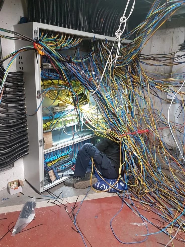 Tangle of unmanaged cables around a distribution cabinet
