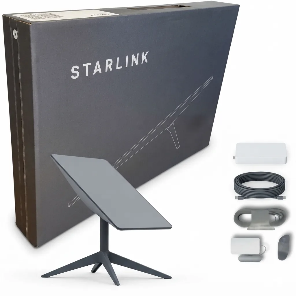 Illustration of the Starlink kit box with dish, router and cabling