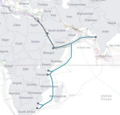 Map of submarine cables serving East Africa