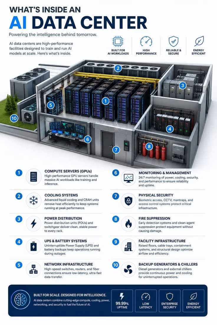 Cutaway infographic of an AI data centre's systems