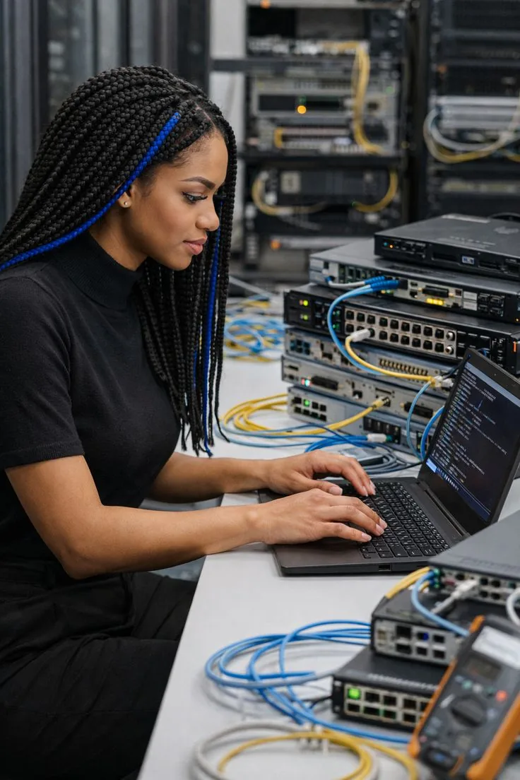 A network engineer connecting cables at a patch panel