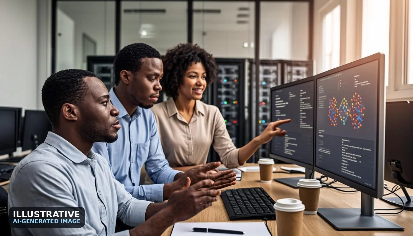 Illustrative AI-generated image of African engineers and data scientists training an AI model in a compute lab