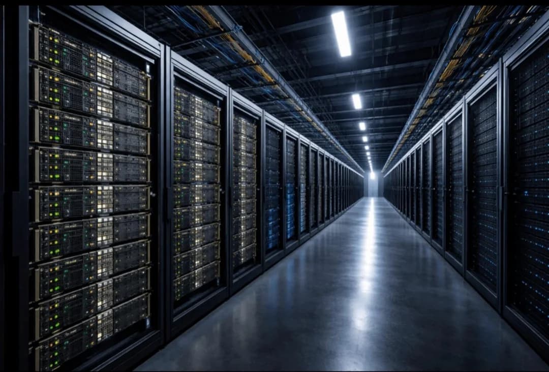 Corridor between server racks inside a modern data centre