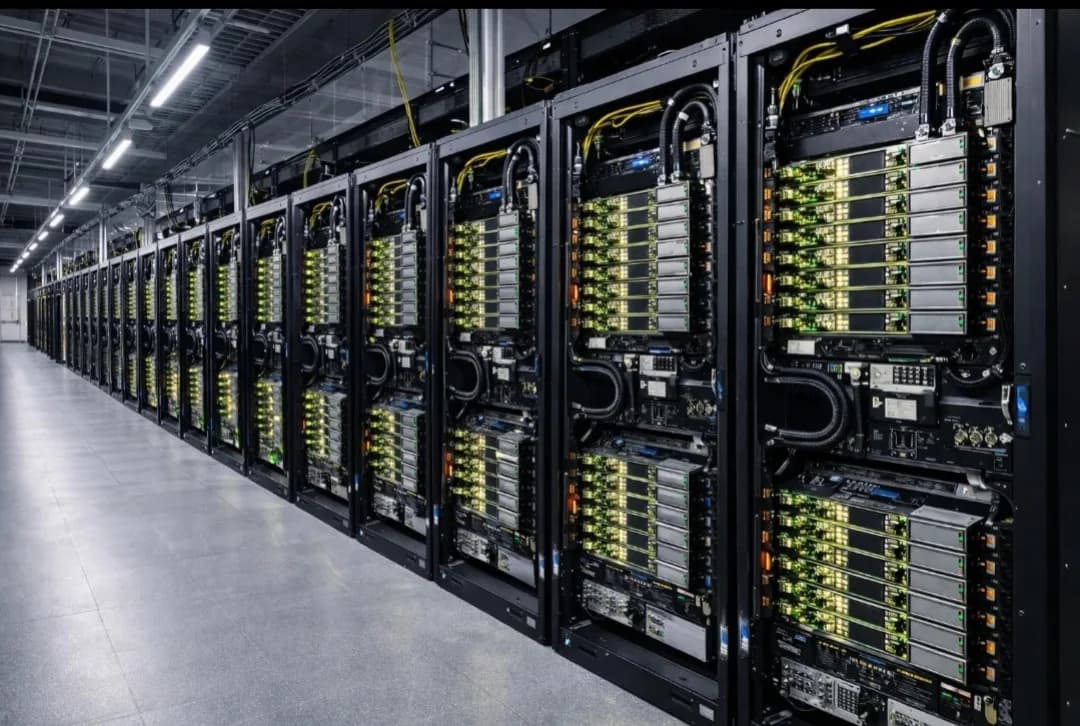 Long row of illuminated server racks in a data centre hall
