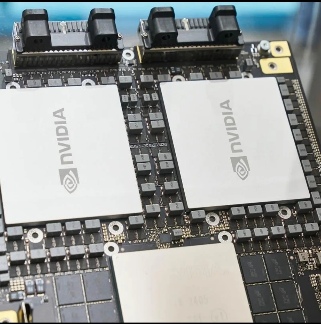 Close-up of NVIDIA GPU chips mounted on a circuit board