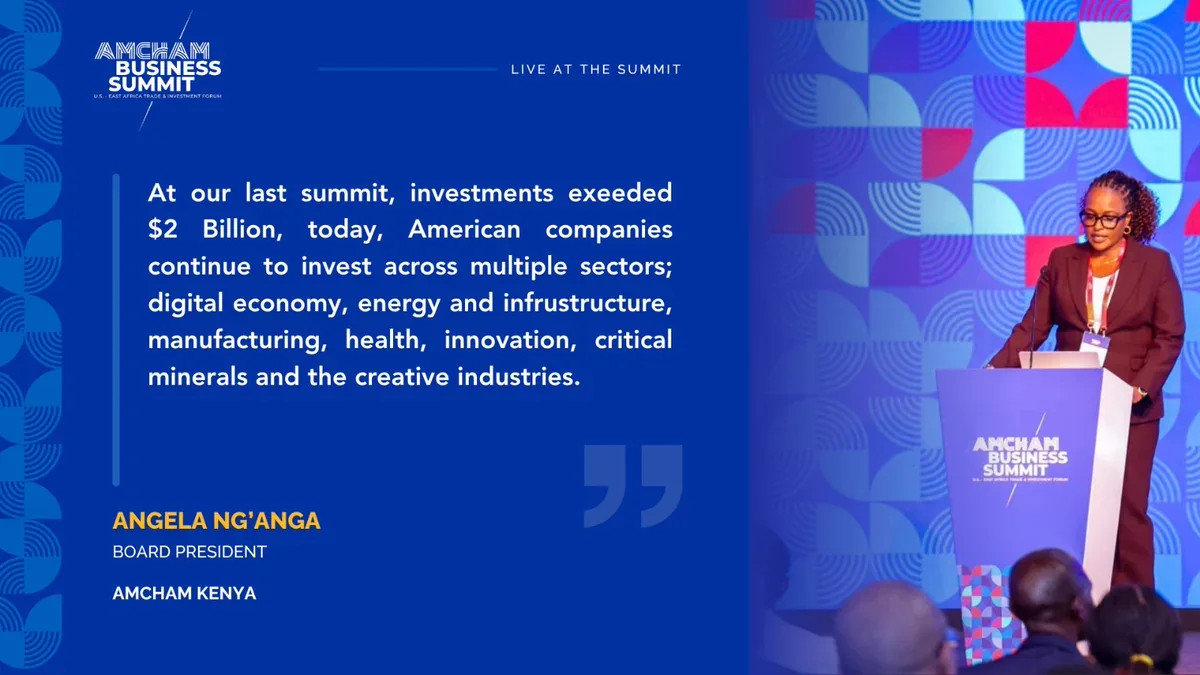 AmCham Kenya quote card citing board president Angela Ng'ang'a on summit investments