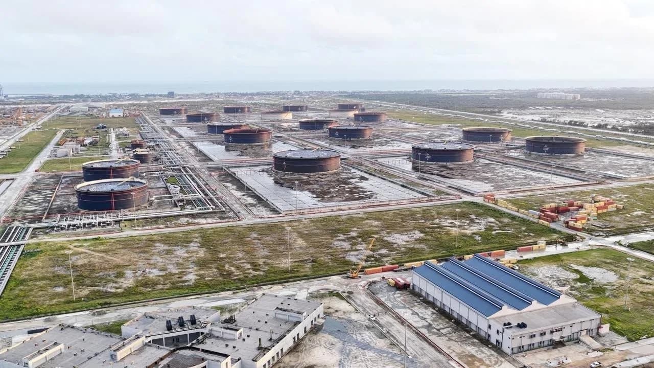 Aerial view of storage tanks and pipelines at the working Dangote refinery complex in Lekki, Nigeria