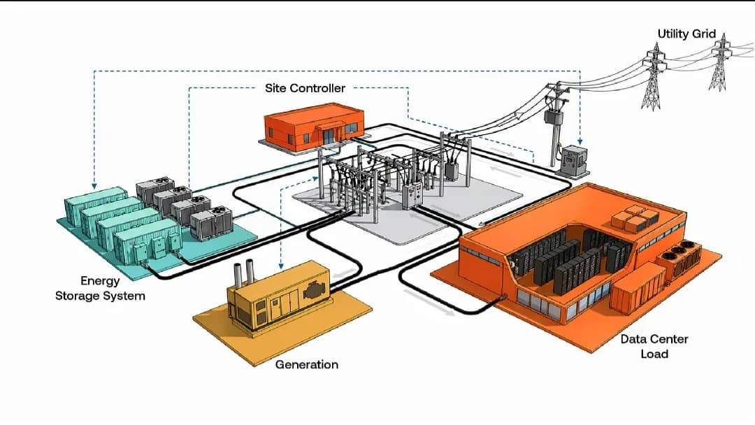Schematic of a data centre microgrid combining grid supply, on-site generation and battery storage