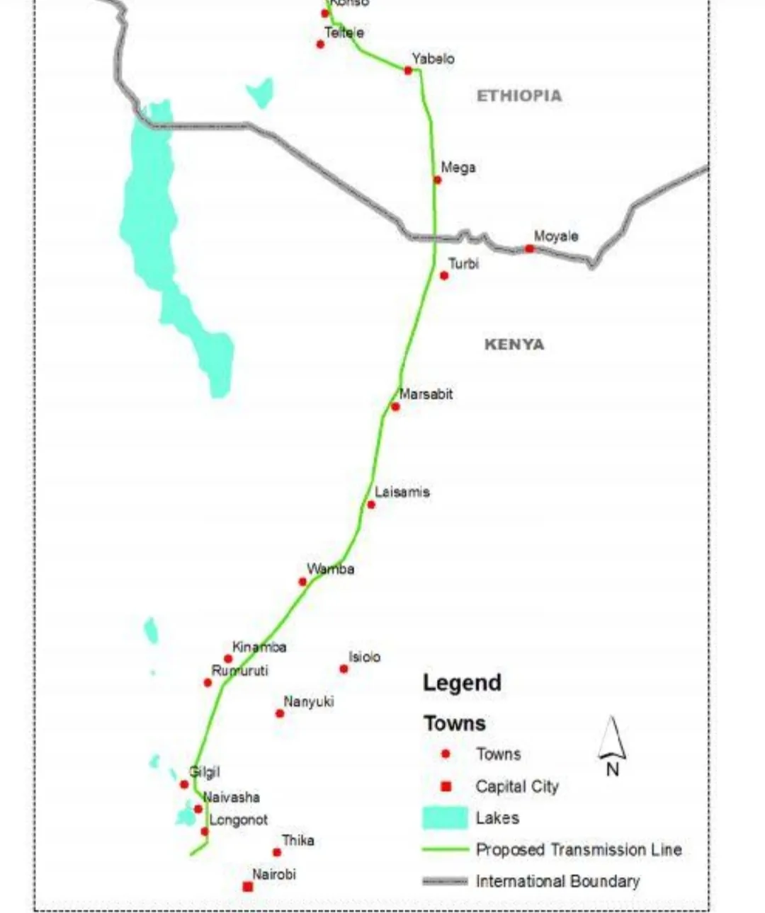 Map of the 500 kV transmission line route from southern Ethiopia through Moyale to Suswa in Kenya