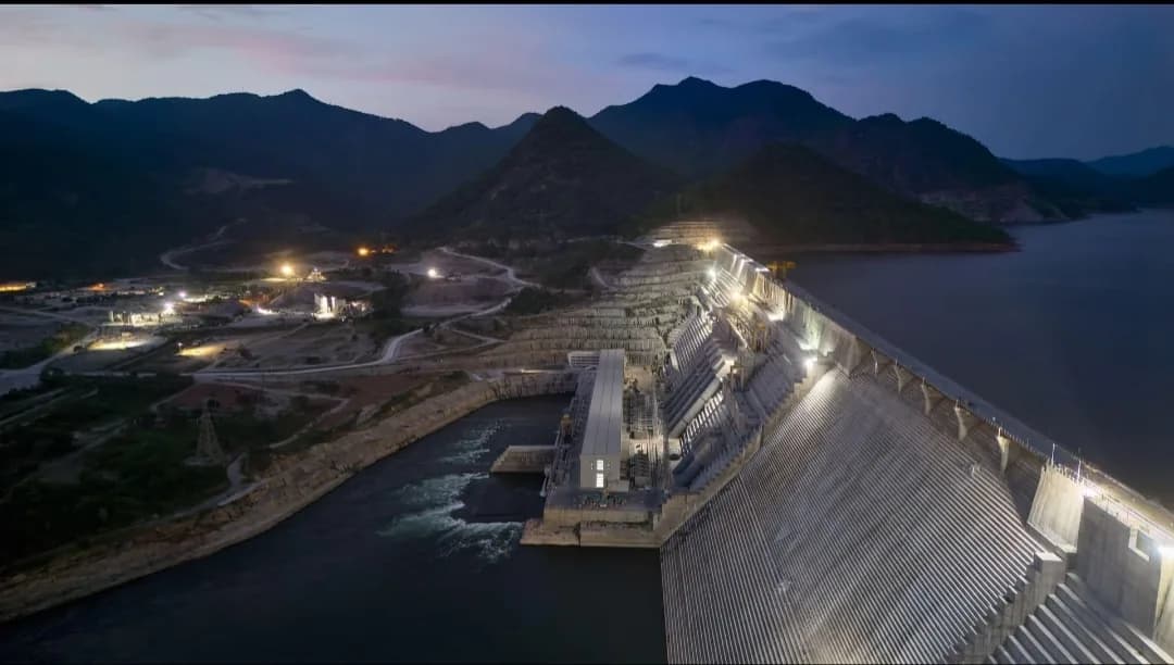 The Grand Ethiopian Renaissance Dam on the Blue Nile photographed at dusk