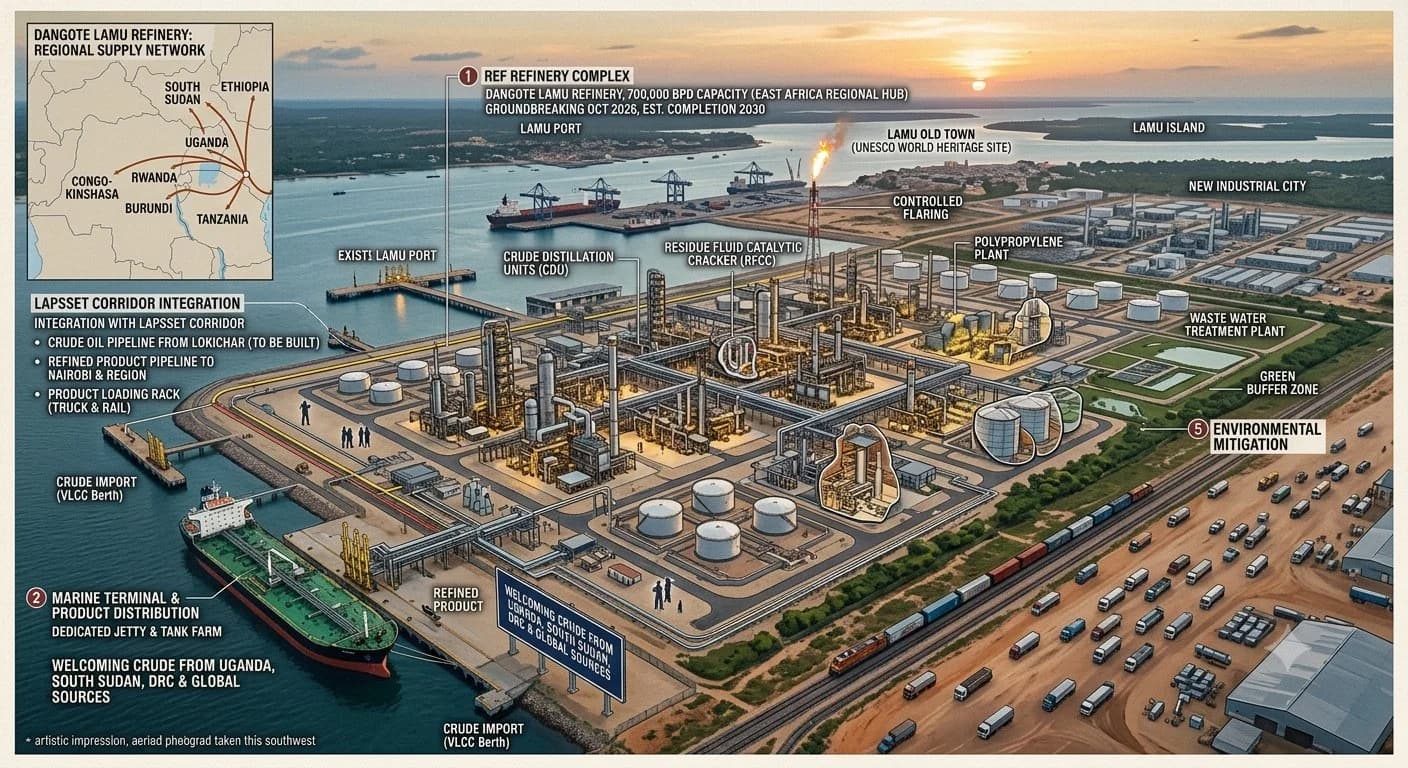 Labelled artistic impression of the proposed Lamu refinery complex layout, with port, storage and processing zones